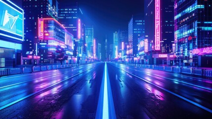 Obraz premium Illustration Beautiful neon night in cyberpunk futuristic city with neon lights AI generated image