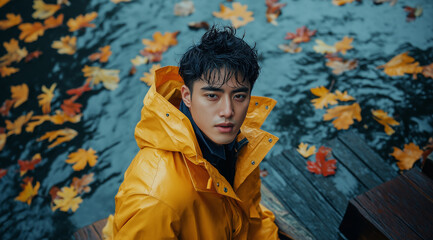 Obraz premium A young guy in a raincoat by the lake, created with Generative AI technology.