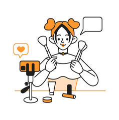 Young woman shows makeup tutorial during live stream. Happy beauty blogger educates online providing tips character illustration on white