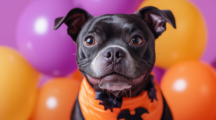 A dog in a costume with balloons, created with Generative AI technology.