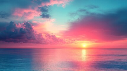 Naklejka premium Serene sunset over calm ocean waters with vibrant colors.