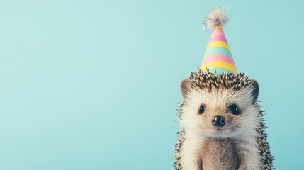 A small hedgehog joyfully wears a striped party hat, adding charm to a lively celebration in a bright and cheerful setting