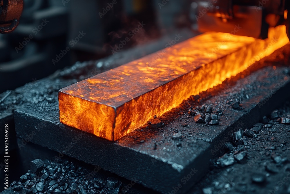 Poster A close-up of a glowing hot metal bar being processed in a factory.