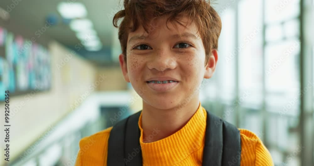 Poster boy, child and face with smile at school with backpack in corridor for education, knowledge academy.