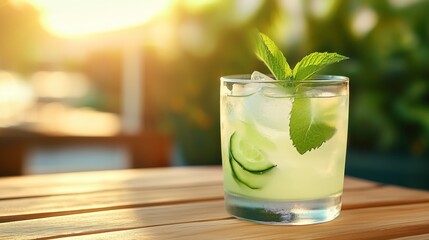 A light and refreshing cucumber mint cocktail is served on a patio table as a group of friends enjoys a sunny afternoon, surrounded by lush greenery and cheerful laughter.