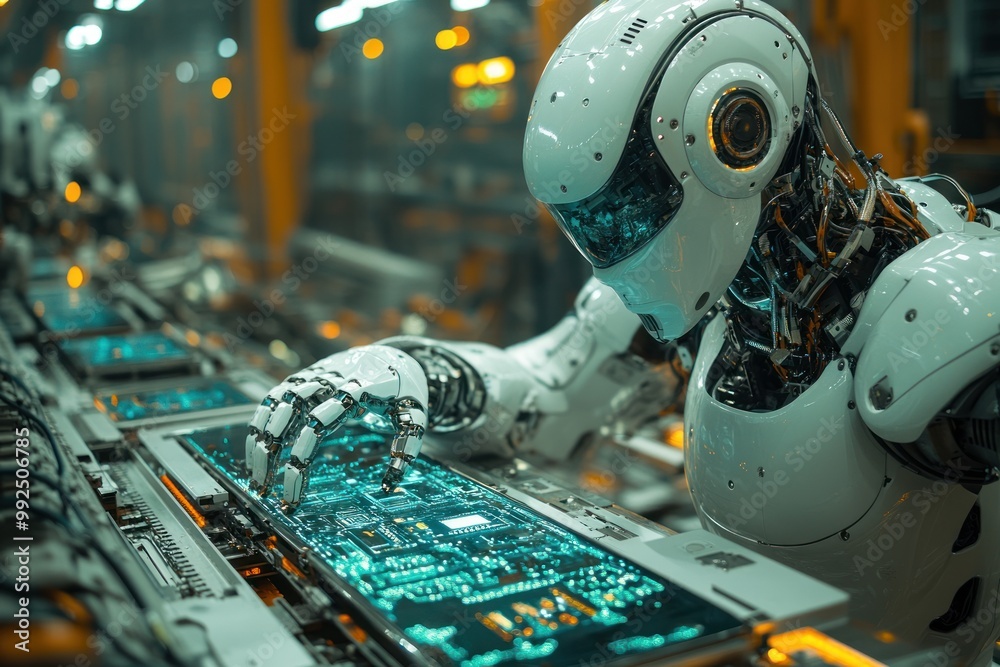 Poster A humanoid robot working on a circuit board in a futuristic factory.