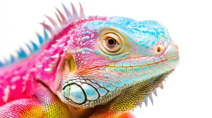 Fototapeta premium This colorful iguana showcases brilliant shades of pink and blue highlighting its unique features in detailed close-up