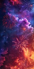 Fototapeta premium Radiant gradient background from orange to purple, worm's-eye perspective of fireworks, night sky for text