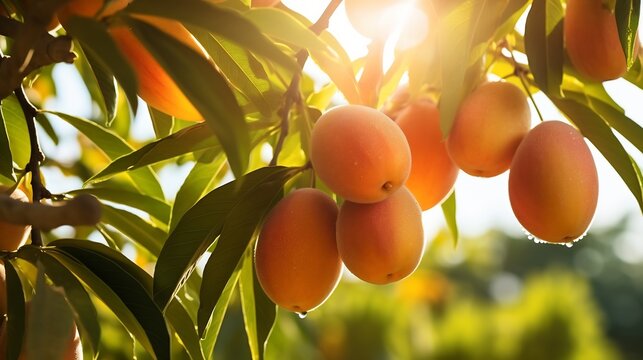 Closeup of lucuma fruits hanging tree tropical orchard sunlight filtering through the leaves and the distant greenery softly blurred showcasing the fruits vibrant color Scientific name Pouteria lucuma