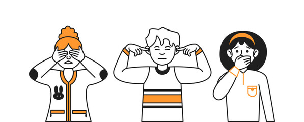 Schoolchildren covering eyes ears and mouth color line vector icons set. Teenagers performing blindness deafness and silence characters