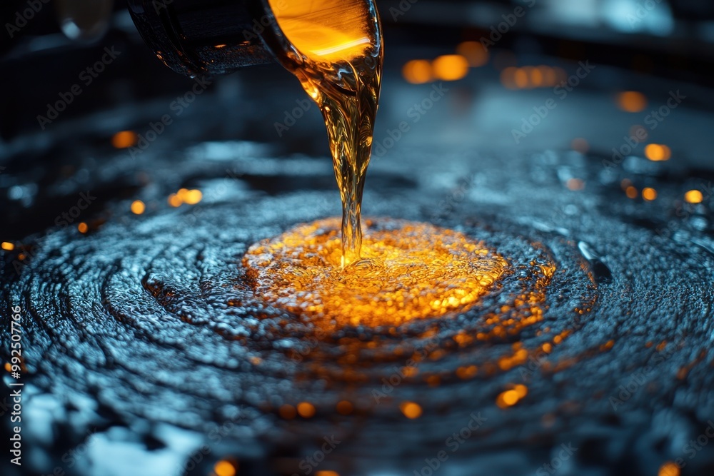 Poster Molten metal pouring into a circular mold, creating a swirling pattern.