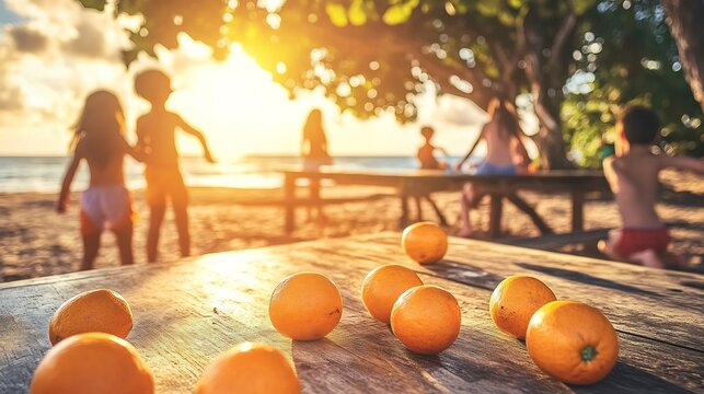 Closeup of mamoncillo fruits scattered across sunlit picnic table beachside park children playing ocean softly blurred background evoking fun relaxed atmosphere Scientific name Melicoccus bijugatus