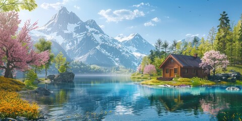 Fototapeta premium A cozy wooden cabin nestled near a sparkling lake with majestic mountains in the distance, set in a vibrant spring park with blooming trees and clear skies.