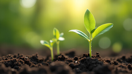 Young green seedlings sprouting in fertile soil symbolizing growth and sustainability in organic farming