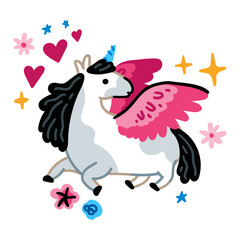 Young Magic princesses pony unicorn. Bright color horse vector illustration isolated on a white background