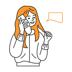 Young redhead woman talking on smartphone color line vector icon. Lady enjoys friendly conversation touching hair character illustration