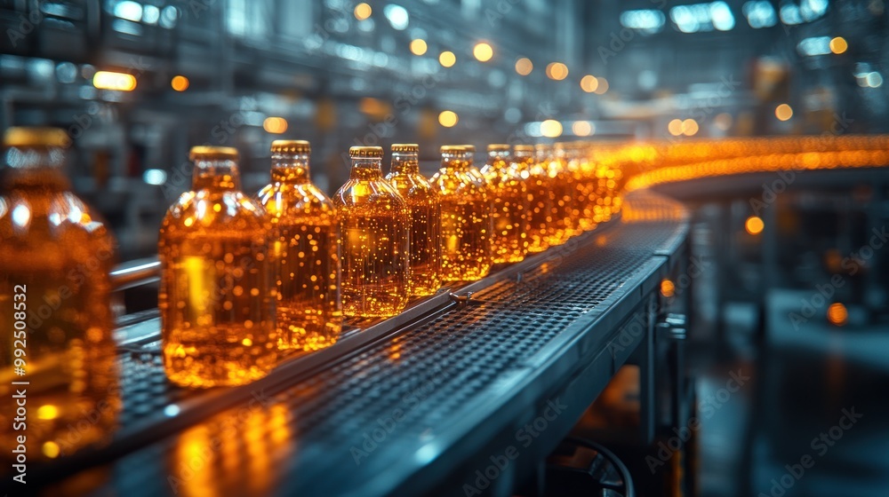 Poster Bottles of amber liquid moving along a factory conveyor belt.