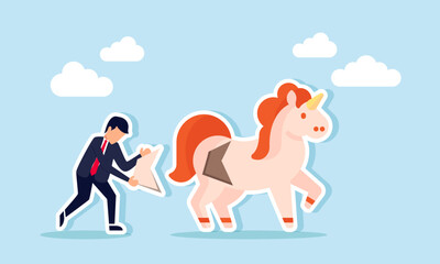 A sad and disappointed businessman carrying broken pieces of a unicorn, an illustration of financial or management issues faced by a startup company that has reached unicorn status.
