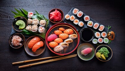 Japanese food on the table, various assorted sushi sets, top view