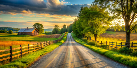 Fototapeta premium A cozy country road filled with nostalgic memories, nostalgic, countryside, path, rural, tranquil, serene, peaceful