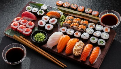 Japanese food on the table, various assorted sushi sets, top view