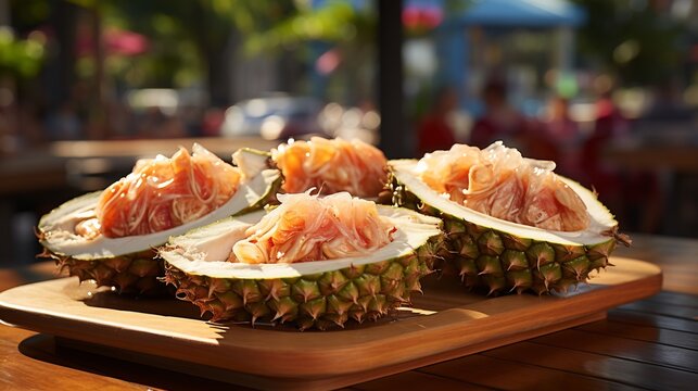 Closeup of marang fruits being peeled at a bustling outdoor caf with colorful cocktails and surfboards softly blurred behind creating a fun tropical vibe Scientific name Artocarpus odoratissimus