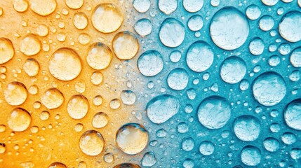 Droplets of oil in vivid colors float on the surface of water, creating striking patterns against a split background of orange and blue