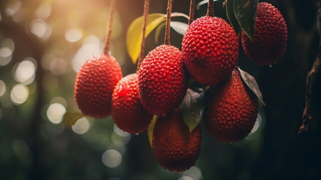 Closeup of marang fruit hanging tree remote tropical orchard sunlight streaming through leaf lush jungle softly blurred behind capturing natural untouched environment Scientific name Artocarpus