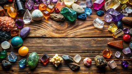 Obraz premium Array of crystals and gems on old wooden table, crystals, gems, array, arrangement, old, wooden table, shiny