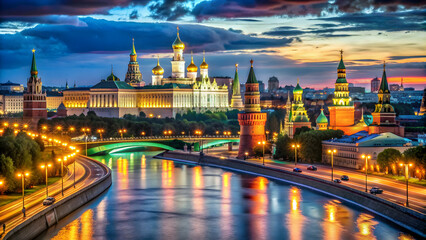 Vibrant night scene of a bustling city in Russia, Russia, Russian, cityscape, nightlife, urban, lights, architecture
