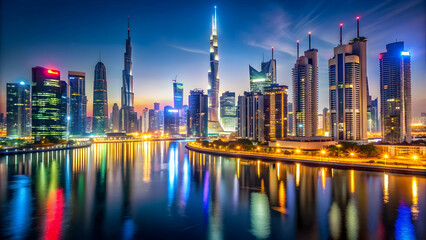 Fototapeta premium Vibrant Dubai cityscape illuminated at night, urban, modern, skyline, skyscrapers, lights, architecture, buildings