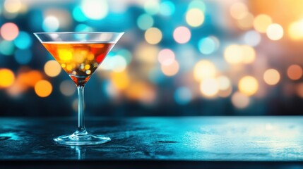 A beautifully crafted cocktail sits elegantly on a bar counter, surrounded by soft, colorful bokeh lights creating a vibrant ambiance
