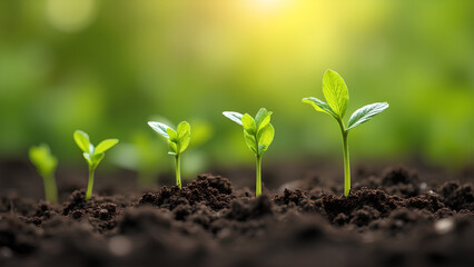 Young green seedlings sprouting in fertile soil symbolizing growth and sustainability in organic farming