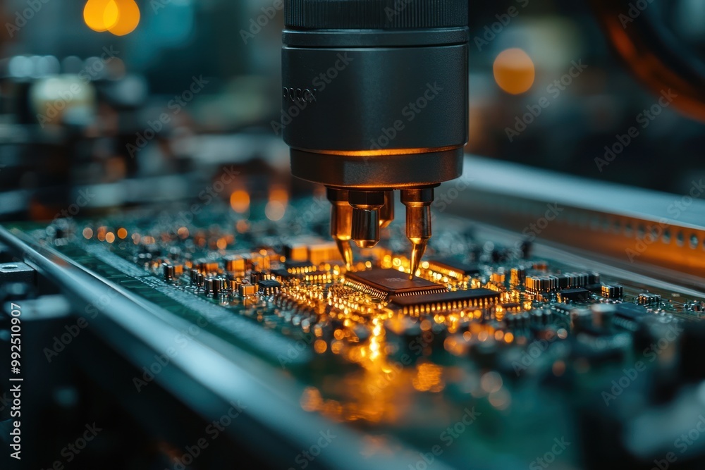 Poster Close-up of a robotic arm soldering a microchip onto a circuit board.