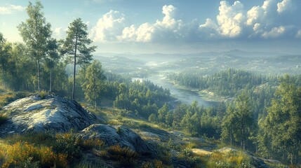 Serene landscape featuring lush greenery and a winding river.