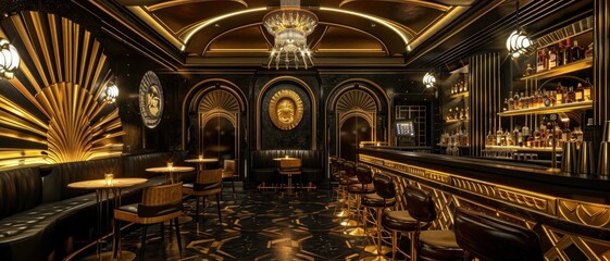 Obraz premium Luxurious vintage bar interior with elegant decor, gold accents, and sophisticated ambiance. Ideal for classic nightlife settings.