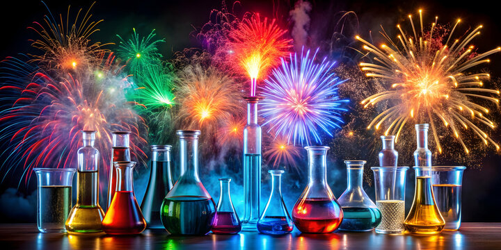 Chemistry laboratory glassware exploding with colorful fireworks cloud effects, chemistry, laboratory, test tubes