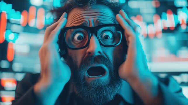 A stressed trader displays frustration while monitoring rapidly changing stock market data on multiple screens