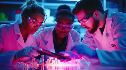 Scientists Analyzing Samples Under Neon Lights
