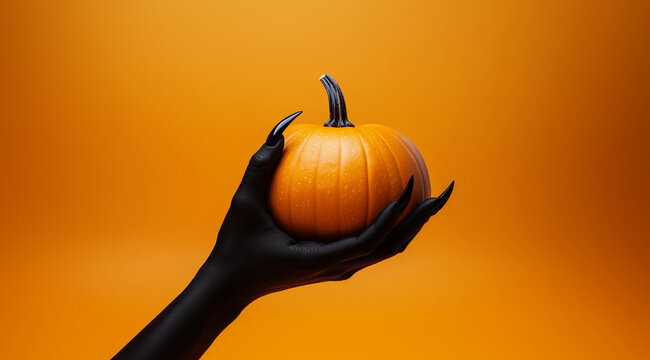 A black hand with claws holds a pumpkin, created with Generative AI technology.