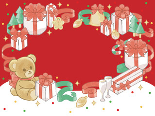 クリスマス　手描き　水彩　フレーム　背景　かわいい　コピースペース　イラスト素材