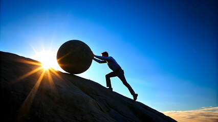 Silhouette of a determined man pushing a boulder uphill under a clear blue sky, perseverance, strength