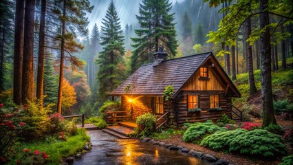 Cozy cabin in the woods surrounded by rain, creating a tranquil and serene natural atmosphere