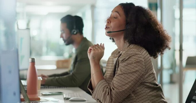 Call center, woman and agent talking with headset for customer service, technical support and online advice. Telemarketing, friendly consultant and microphone for assistance, advisory and FAQ hotline