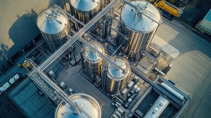 Aerial View of Industrial Storage Tanks and Pipes