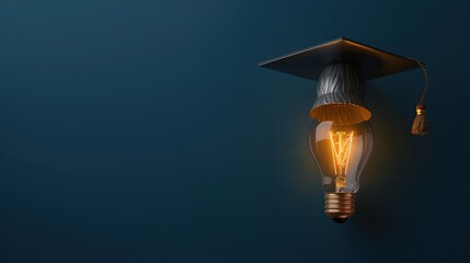 Obraz premium Graduation cap with glowing light bulb on dark blue background Symbolizes Academic Innovation