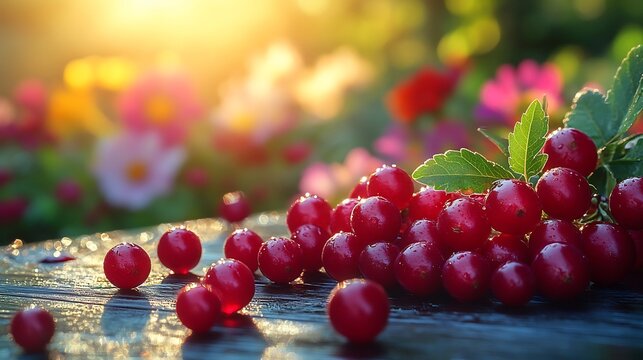 Closeup of miracle fruits scattered bright sunlit garden table with colorful flowers and vibrant cushions blurred in the background capturing a lively summer vibe Scientific name Synsepalum dulcificum