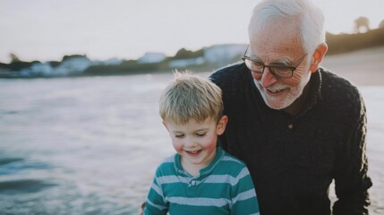 A grandfather and his grandson are happily splashing each other in the sea, enjoying their time together under the sun