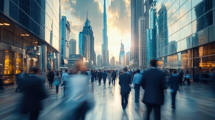 Obraz premium Urban Skyline with Crowded Street at Dusk