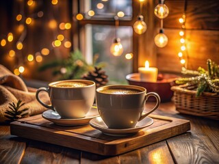 Obraz premium Cozy Coffee Setup for Two with Mugs, Fresh Brew, and Warm Lighting in a Relaxing Environment